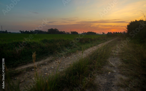 Rural sunset landscape with footpath