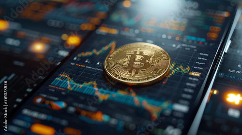 Close-up Realistic smartphone with a Gold 3D Bitcoin on trading charts diagram and graphs screen , symbolizing the technological foundation of cryptocurrency and its role in the digital economy