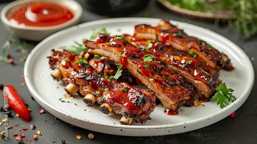 Over a white setting, grilled beef ribs and ketchup over tiny bowl are mounted over a dish and space, Generative AI.