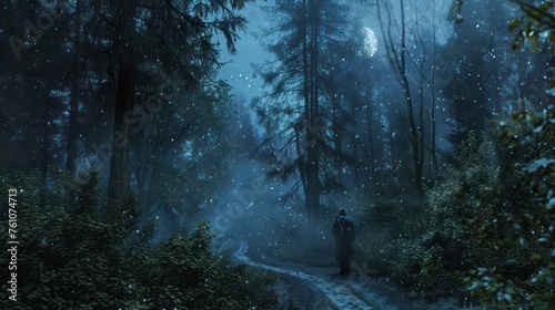 A person is standing on a forest path under a moonlit sky with ethereal blue mist creating a mystical atmosphere photo