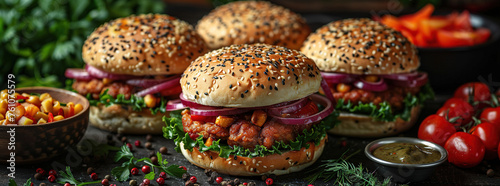 Four burgers on table with vegetables and spices. Food photography. Created with Ai
