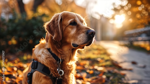 A thoughtful Golden Retriever gazes into the distance on a walk amidst the fall foliage during a beautiful sunset.  © nextzimost