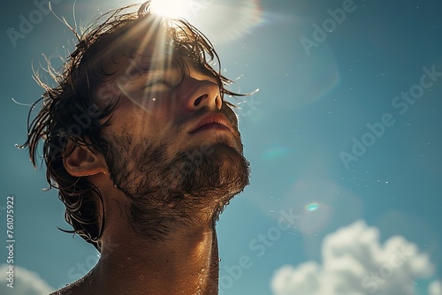 Over the sky backdrop, a man continues to choke from the heat of the sun depicting summer heat health issues and space, Generative AI. photo