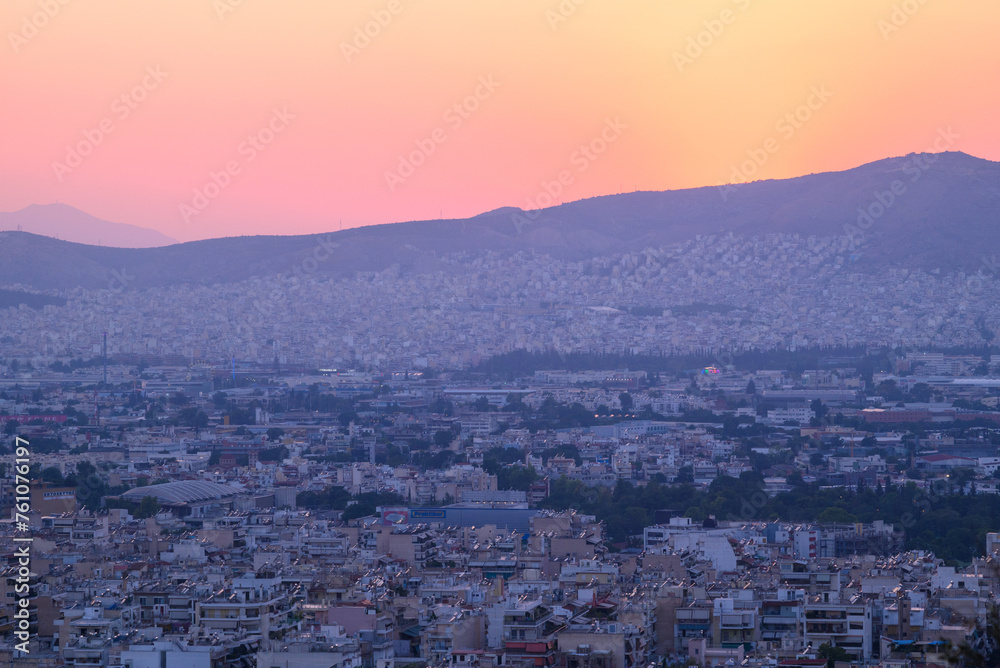 Aerial cityscape view of Athens capital of Greece during sunset, view from Lycabettus hill