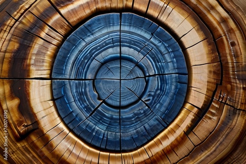 Old wooden oak tree cut surface. Detailed indigo denim blue tones of a felled tree trunk or stump. Rough organic texture of tree rings with close up of end grain. Generative AI photo