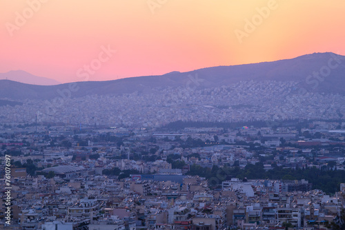 Aerial cityscape view of Athens capital of Greece during sunset, view from Lycabettus hill