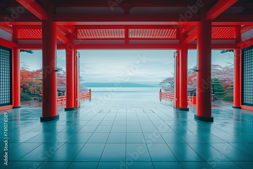 Red torii gates overlooking a serene sea and autumn tree.