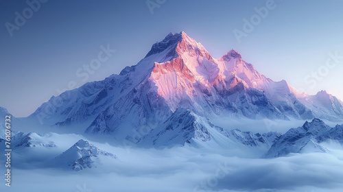 A mountain range covered in snow with a pinkish glow in the background