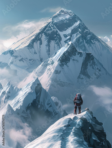 A man stands on a mountain peak, looking out over the snowy landscape