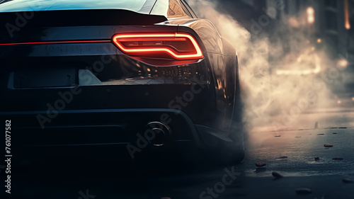A close-up of a muscle car's rear showcasing a powerful tire burnout, with smoke enveloping the car's iconic taillights on a gritty street.  © nextzimost