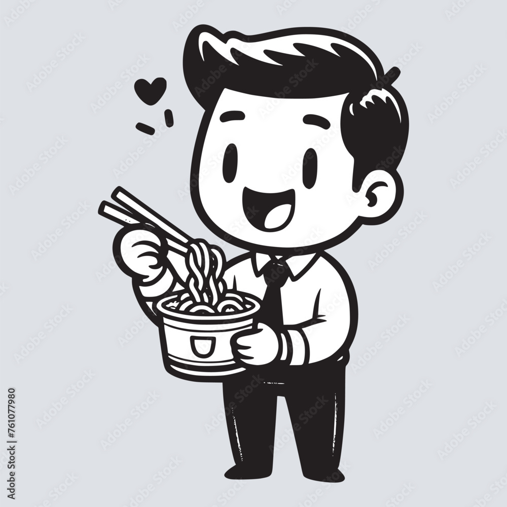 cartoon office worker man enjoying eating ramen noodles black and white vector illustration