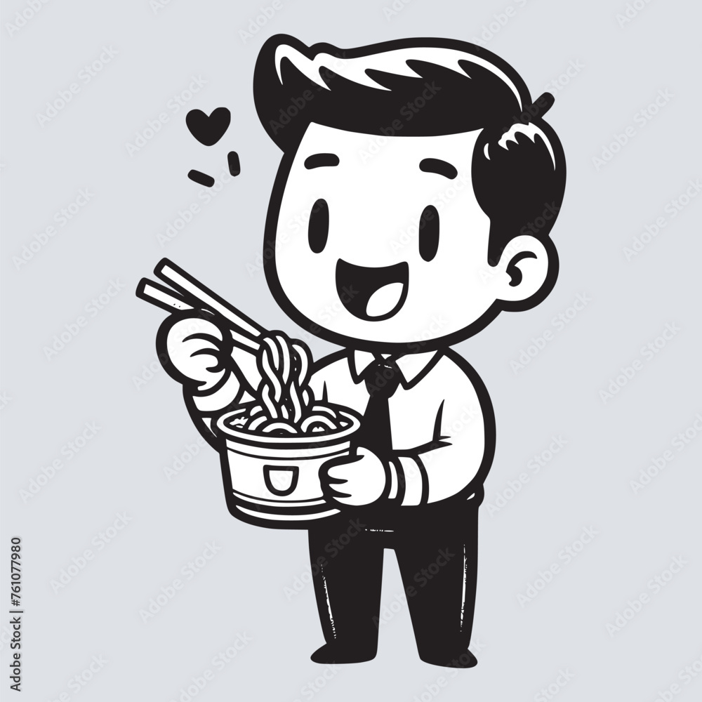 cartoon office worker man enjoying eating ramen noodles black and white vector illustration cartoon office worker man enjoying eating ramen noodles black and white vector illustration