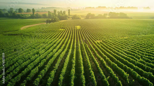 A large field of green vines with a bright sun shining on them