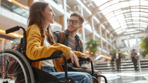 A young smiling man and woman in wheelchairs engaging in a joyful conversation in a bright modern atrium.
