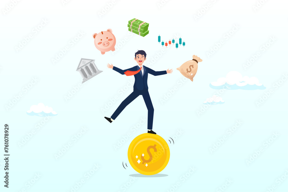 Businessman juggling finance elements, investment expert, financial professional or wealth management, savings or trader for earning profit, stock market analyst, financial advisor planning (Vector) Businessman juggling finance elements, investment expert, financial professional or wealth management, savings or trader for earning profit, stock market analyst, financial advisor planning (Vector)