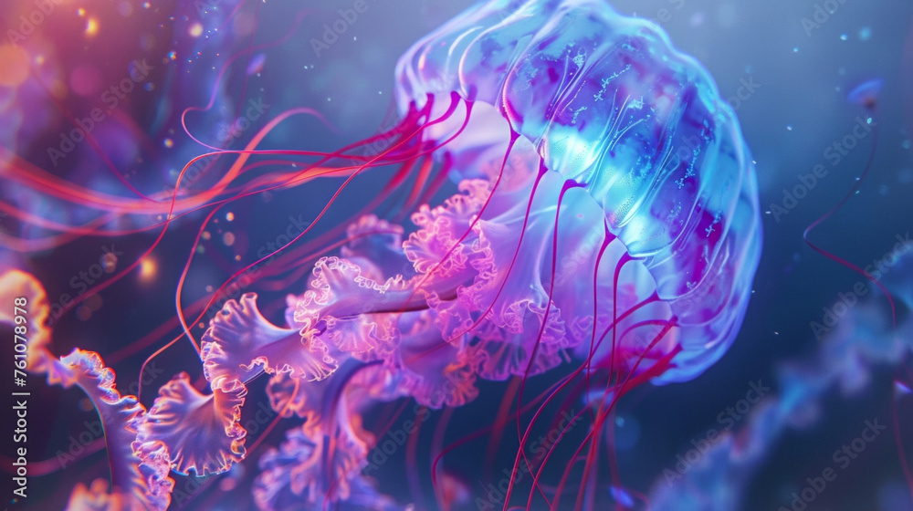 A delicate and intricate painting of a glowing jellyfish with vibrant blues and purples emanating from its tentacles. The ethereal glow of the jellyfish catches your eye and A delicate and intricate painting of a glowing jellyfish with vibrant blues and purples emanating from its tentacles. The ethereal glow of the jellyfish catches your eye and