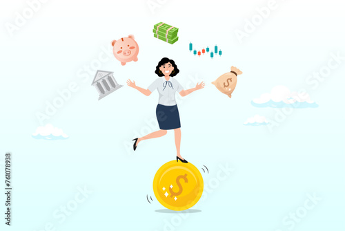 Businesswoman juggling finance elements, investment expert, financial professional or wealth management, savings or trader for earning profit, stock market analyst, financial advisor planning (Vector)
