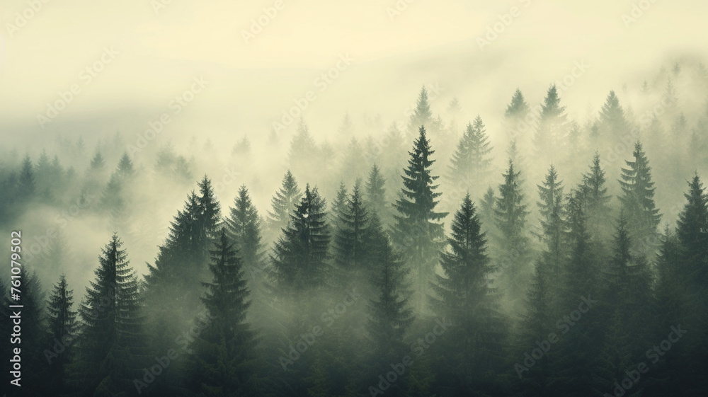 Coniferous trees in the fog in the highlands view