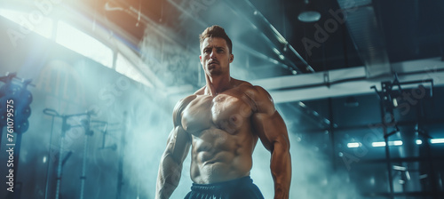 Dedicated male bodybuilder exercising in gym with space for text