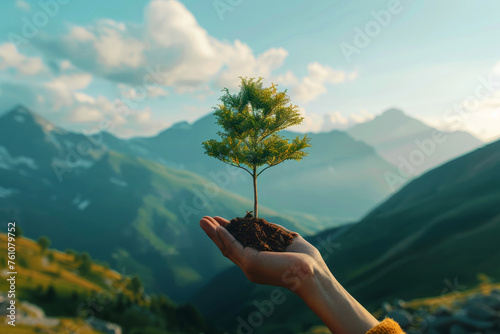 Close up hands holding a tree for planting, Environmental technology concept. Generative Ai photo