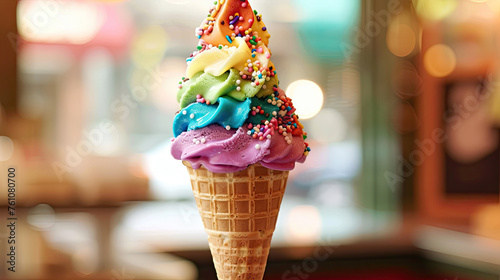An ice cream cone overflowing with a rainbow of flavors and topped with sprinkles