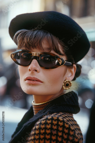 Close-up of a 60s fashionista, evoking French nostalgia