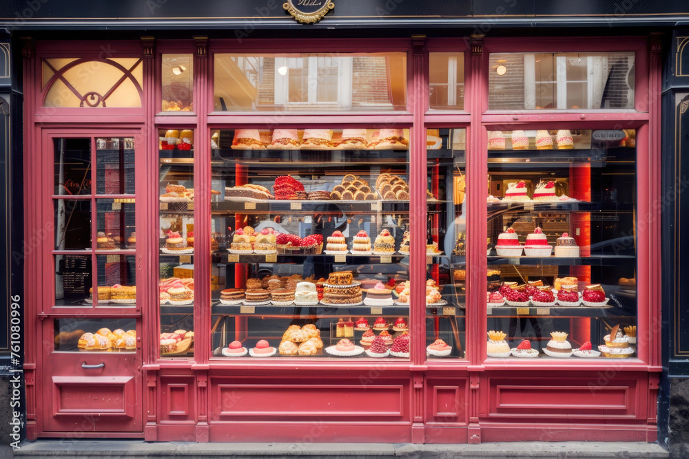 Facade windows of a pastry shop displaying delicious treats