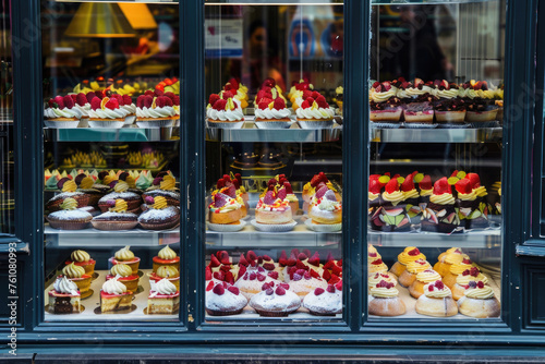 Facade windows of a pastry shop displaying delicious treats © Veniamin Kraskov