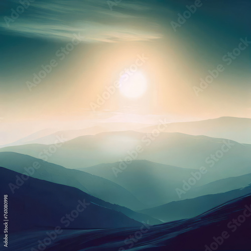 The sun rising over mountains on a winter day