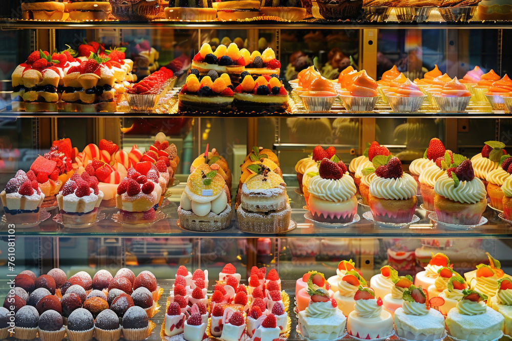 Facade windows of a pastry shop displaying delicious treats