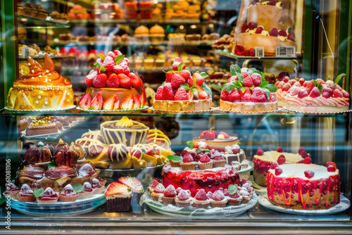 Facade windows of a pastry shop displaying delicious treats