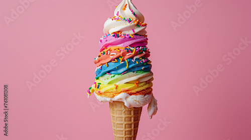 An ice cream cone overflowing with a rainbow of flavors and topped with sprinkles