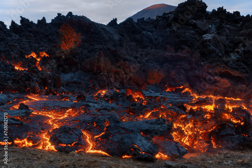 Volcanic eruption  landscape and lava flow close-up  in Fagradalsfjall  Reykjanes peninsula  Iceland