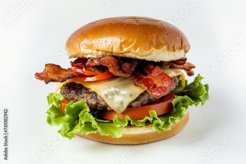A studio shot of a delicious bacon cheeseburger on a white background © Veniamin Kraskov