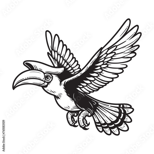 Line art of hornbill bird flying in the sky vector