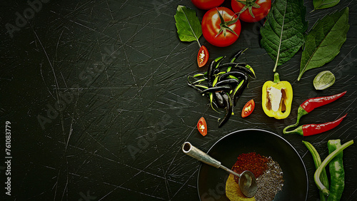  and spices neatly, around a blackboard, pices, cooking, recipe preparation, fresh produce, tomatoes, peppers, culinary, blackboard, dark background, gourmet, healthy food, food styling, nutrition, he