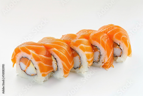 A visually stunning fish roll made with layers of red and white fish