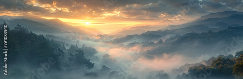 Sunrise over the mountains with heavy fog. Created with Ai