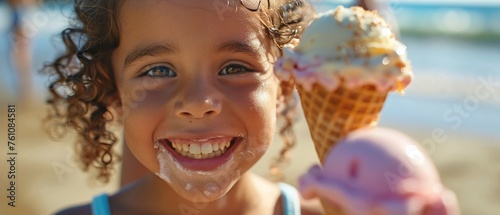 Family ice cream moment, summer day, close up, smiles, eye-level, natural light, candid joy.
