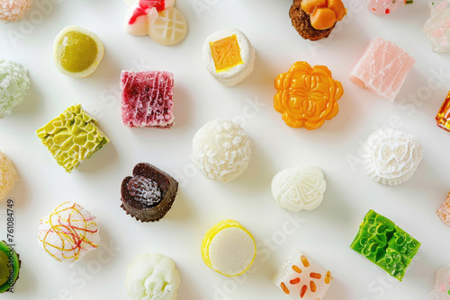 A selection of exquisite Eastern sweets beautifully arranged on a white background photo