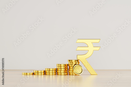 3D rendering Indian Rupee sign, indian rupee sign and golden coin, Financial and banking about house concept, Investment and financial success concept background.