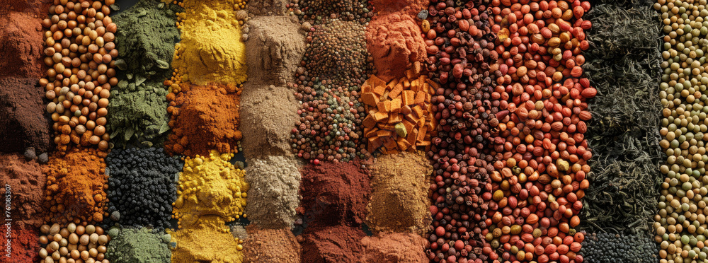 Diversity od spicesstraight frontal photo of a big wall with densely packed 50 different large and differet colors spices - obrazy, fototapety, plakaty 