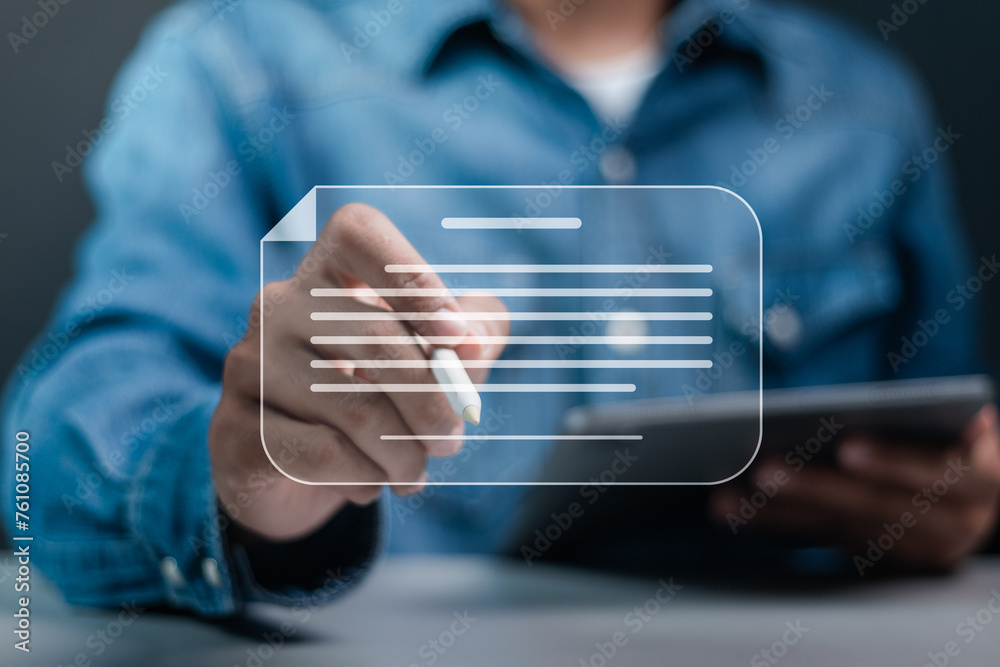 Electronic signature concept. Business contract, E-signing, technology and document management. Businessman signs electronic document on digital documents. Electronic signature concept. Business contract, E-signing, technology and document management. Businessman signs electronic document on digital documents.