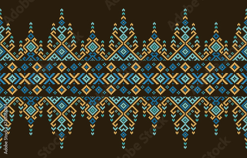 Cross stitch pattern of geometric shapes brown background. on Design for cross stitch,ethnic,fabric,pattern,embroidery,motif, cross,stitch,folk,retro,pixel,handcraft,abstract,batik,zigzag.