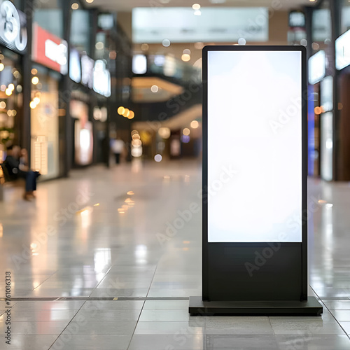 Digital media blank black and white screen modern panel signboard for advertisement design in shopping centre gallery, mockup with blurred background, digital kiosk