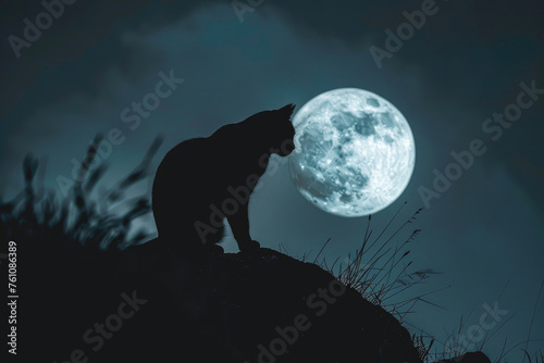 A cat, seen from behind, gazes at the moon in anticipation of nocturnal hunting