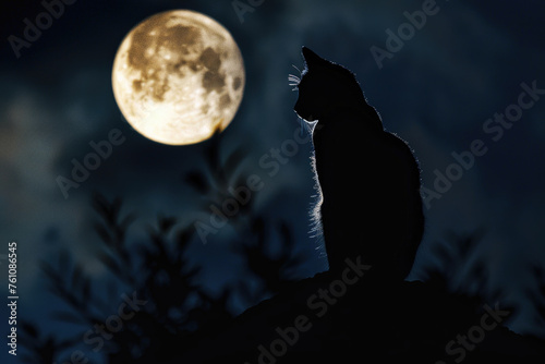 A cat  seen from behind  gazes at the moon in anticipation of nocturnal hunting