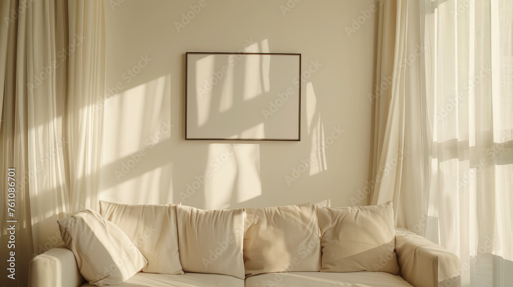 Scandinavian sofa and sheer curtains with frame poster mockup on white wall - obrazy, fototapety, plakaty 
