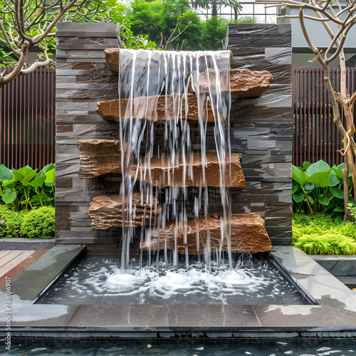Modern outdoor home water feature fountain waterfall as wide banner with copy space area for garden landscape design concepts