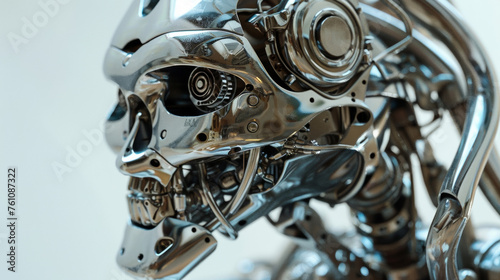 The closeup of robotic sculpture highlights the contrast between the smooth polished surface and the rugged industriallooking parts that make up its inner workings. The photo